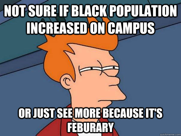 Not sure if black population increased on campus or just see more because it's Feburary  Futurama Fry