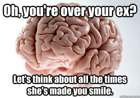 Oh, you're over your ex? Let's think about all the times she's made you smile.   Scumbag Brain