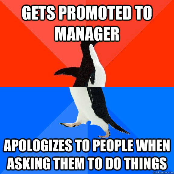 Gets promoted to manager Apologizes to people when asking them to do things  