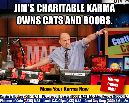 Jim's Charitable Karma owns Cats and Boobs.   Mad Karma with Jim Cramer