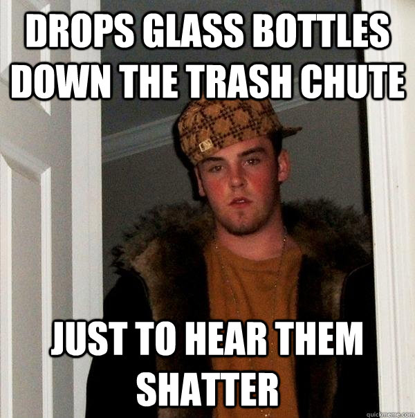 Drops glass bottles down the trash chute just to hear them shatter  Scumbag Steve