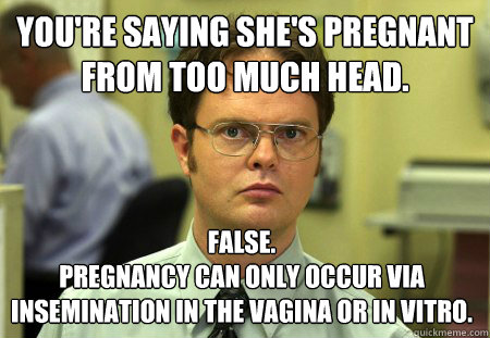 You're saying she's pregnant from too much head. False. 
Pregnancy can only occur via insemination in the vagina or in vitro.  Dwight