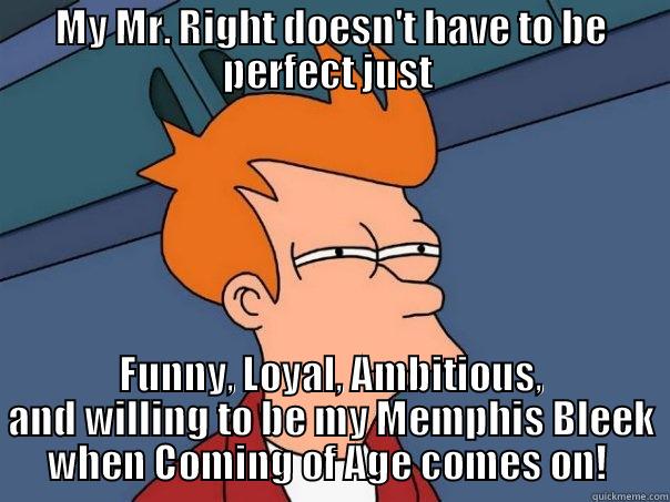 MY MR. RIGHT DOESN'T HAVE TO BE PERFECT JUST  FUNNY, LOYAL, AMBITIOUS, AND WILLING TO BE MY MEMPHIS BLEEK WHEN COMING OF AGE COMES ON!  Futurama Fry