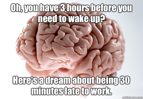 Oh, you have 3 hours before you need to wake up? Here's a dream about being 30 minutes late to work.   Scumbag Brain