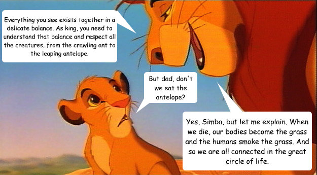 Everything you see exists together in a delicate balance. As king, you need to understand that balance and respect all the creatures, from the crawling ant to the leaping antelope. But dad, don't we eat the antelope? Yes, Simba, but let me explain. When w - Everything you see exists together in a delicate balance. As king, you need to understand that balance and respect all the creatures, from the crawling ant to the leaping antelope. But dad, don't we eat the antelope? Yes, Simba, but let me explain. When w  circle of life