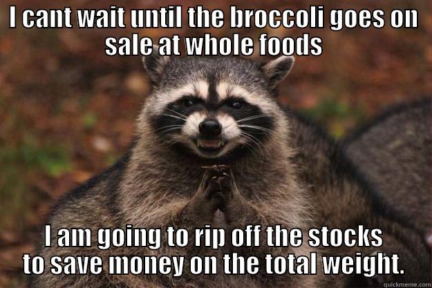 I CANT WAIT UNTIL THE BROCCOLI GOES ON SALE AT WHOLE FOODS I AM GOING TO RIP OFF THE STOCKS TO SAVE MONEY ON THE TOTAL WEIGHT. Evil Plotting Raccoon