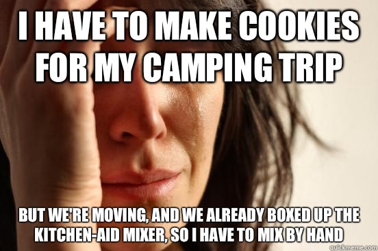 I have to make cookies for my camping trip But we're moving, and we already boxed up the Kitchen-Aid mixer, so I have to mix by hand  First World Problems