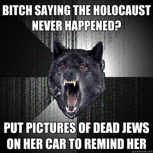 Bitch saying the holocaust never happened? PUT PICTURES OF DEAD JEWS ON HER CAR TO REMIND HER  Insanity Wolf