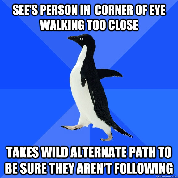 See's person in  corner of eye walking too close Takes wild alternate path to be sure they aren't following  - See's person in  corner of eye walking too close Takes wild alternate path to be sure they aren't following   Socially Awkward Penguin