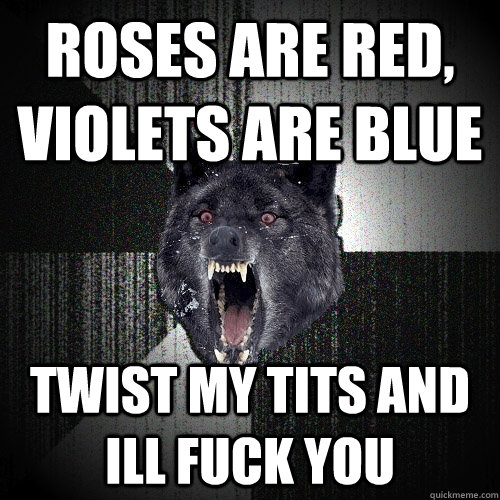 roses are red, violets are blue Twist my tits and ill fuck you  Insanity Wolf