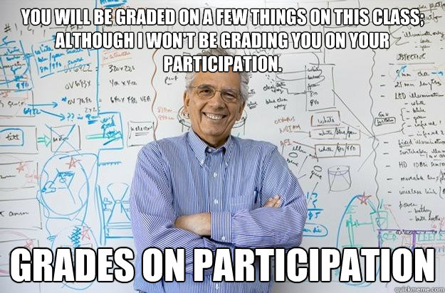 You will be graded on a few things on this class; although I won't be grading you on your participation. Grades on participation - You will be graded on a few things on this class; although I won't be grading you on your participation. Grades on participation  Engineering Professor