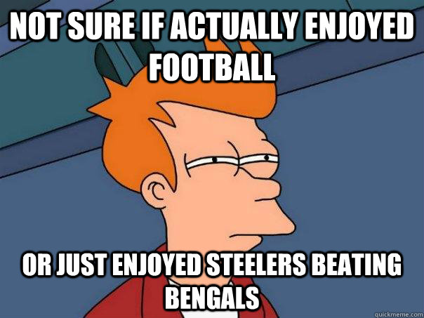 not sure if actually enjoyed football or just enjoyed steelers beating bengals  Futurama Fry