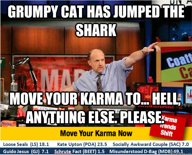 grumpy cat has jumped the shark Move your karma to... hell, anything else. please.  Jim Kramer with updated ticker