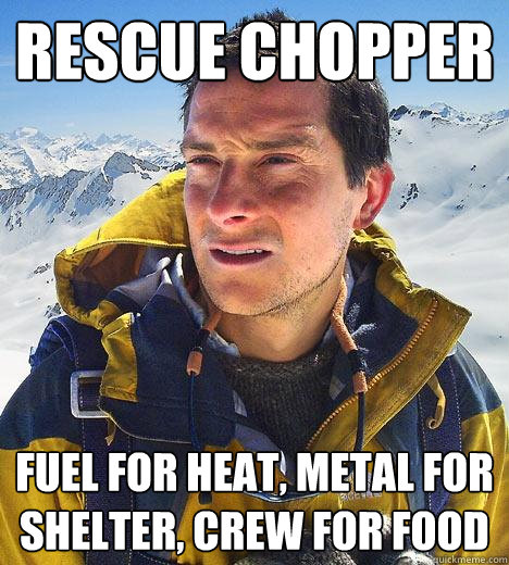 Rescue Chopper Fuel for heat, metal for shelter, crew for food  Bear Grylls