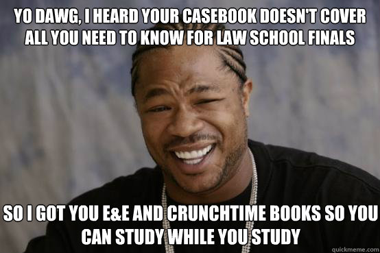 yo dawg, i heard your casebook doesn't cover all you need to know for law school finals so i got you E&e and crunchtime books so you can study while you study  YO DAWG