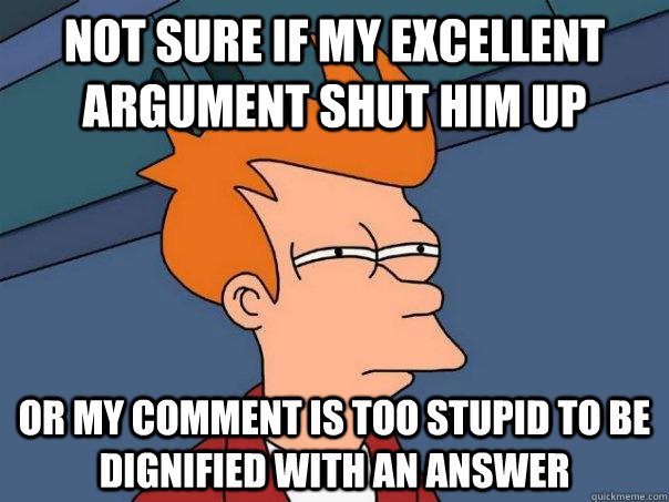 Not sure if my excellent argument shut him up Or my comment is too stupid to be dignified with an answer  Futurama Fry