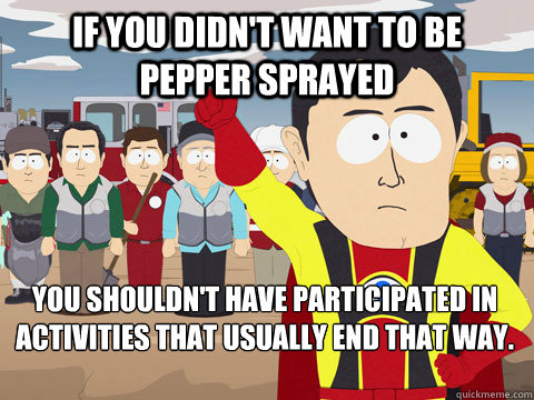 If you didn't want to be pepper sprayed You shouldn't have participated in activities that usually end that way.  Captain Hindsight