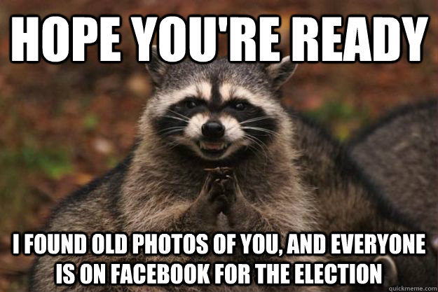 Hope you're ready I found old photos of you, and everyone is on facebook for the election   Evil Plotting Raccoon