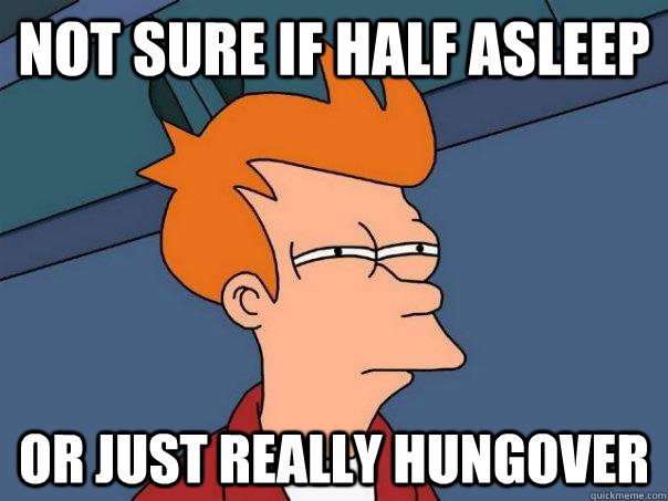 Not sure if half asleep Or just really hungover   Futurama Fry