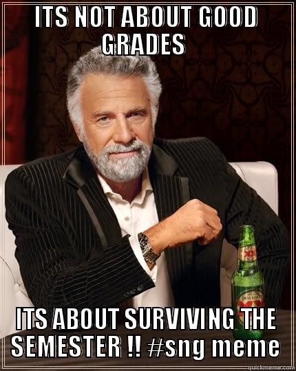 ITS NOT ABOUT GOOD GRADES  ITS ABOUT SURVIVING THE SEMESTER !! #SNG MEME The Most Interesting Man In The World