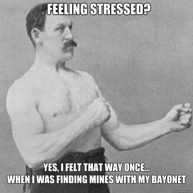 Feeling stressed? Yes, I felt that way once... 
when I was finding mines with my bayonet  overly manly man