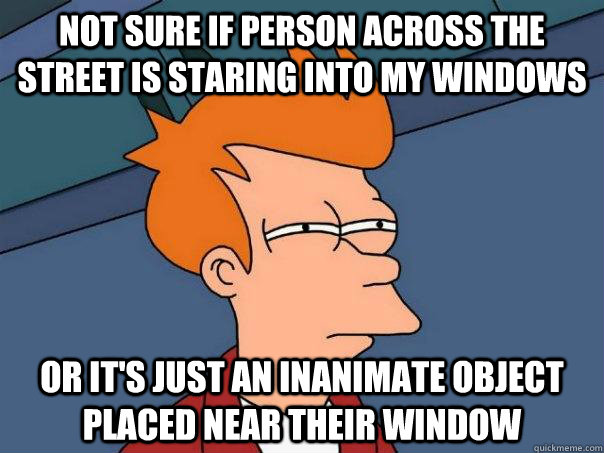 Not sure if person across the street is staring into my windows Or it's just an inanimate object placed near their window  - Not sure if person across the street is staring into my windows Or it's just an inanimate object placed near their window   Futurama Fry