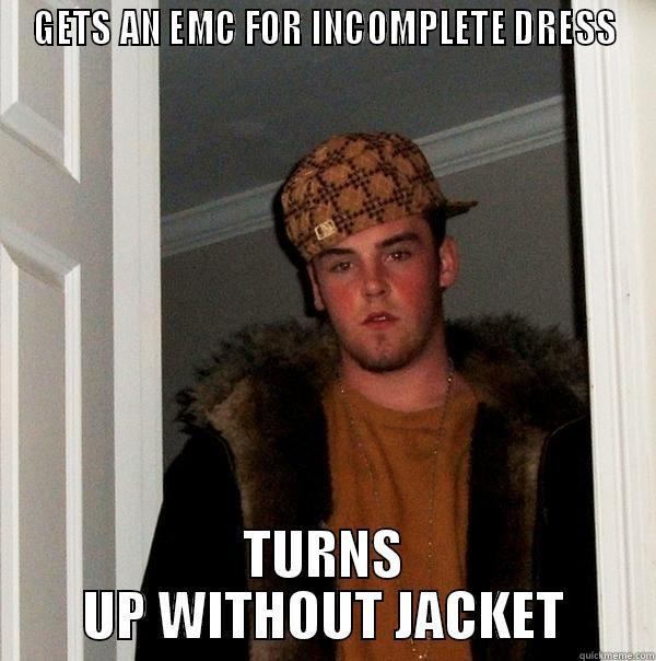 GETS AN EMC FOR INCOMPLETE DRESS TURNS UP WITHOUT JACKET Scumbag Steve