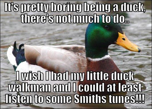 IT'S PRETTY BORING BEING A DUCK, THERE'S NOT MUCH TO DO.. I WISH I HAD MY LITTLE DUCK WALKMAN AND I COULD AT LEAST LISTEN TO SOME SMITHS TUNES!!! Actual Advice Mallard