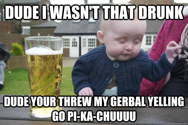 Dude I wasn't that drunk Dude your threw my gerbal yelling go PI-KA-CHUUUU   drunk baby