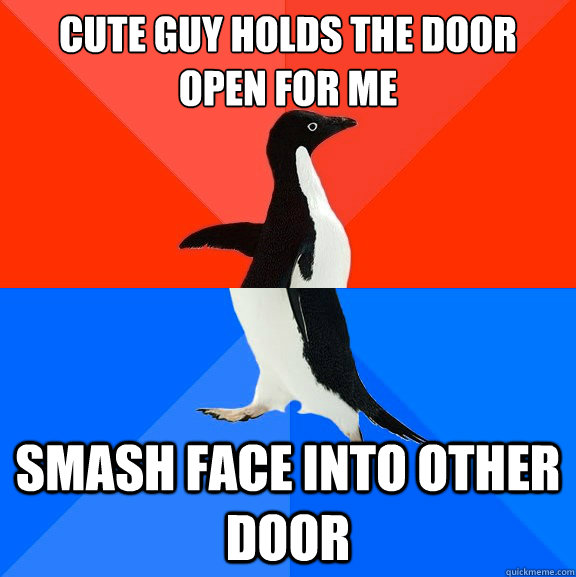 cute guy holds the door open for me smash face into other door - cute guy holds the door open for me smash face into other door  Socially Awesome Awkward Penguin