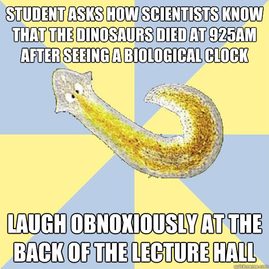 Student asks how scientists know that the dinosaurs died at 925am after seeing a biological clock Laugh obnoxiously at the back of the lecture hall  Bio Major Planarian