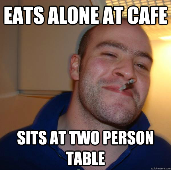 eats alone at cafe sits at two person table - eats alone at cafe sits at two person table  Misc