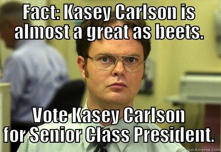 FACT: KASEY CARLSON IS ALMOST A GREAT AS BEETS. VOTE KASEY CARLSON FOR SENIOR CLASS PRESIDENT. Schrute