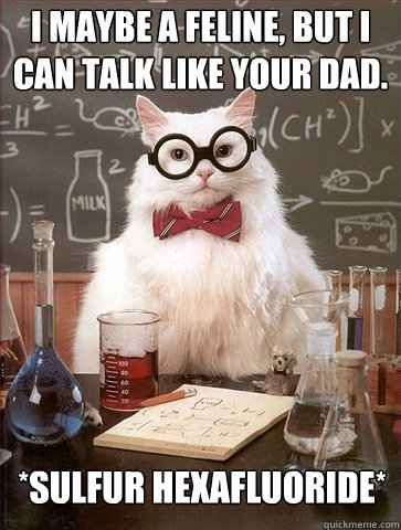 I maybe a feline, but I can talk like your dad. *Sulfur hexafluoride*  Chemistry Cat