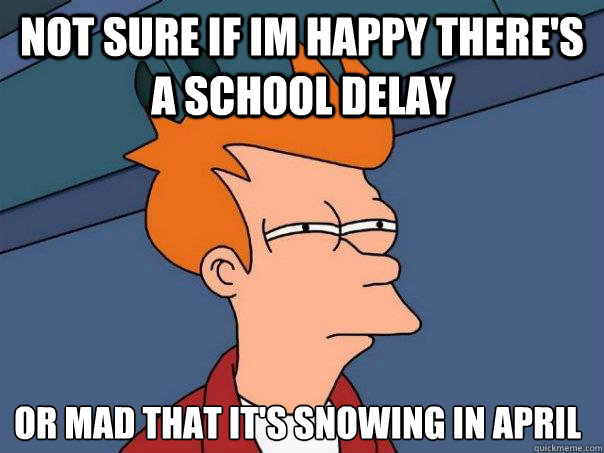 Not sure if im happy there's a school delay Or mad that it's snowing in april  Futurama Fry