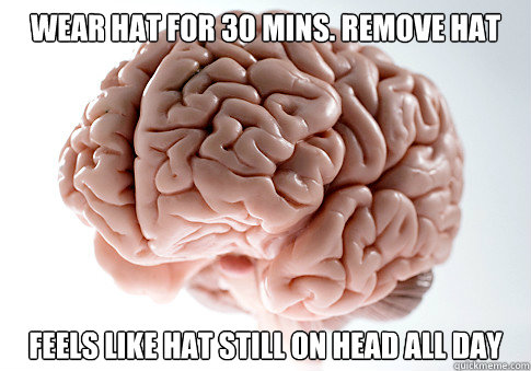 Wear hat for 30 mins. Remove Hat Feels like hat still on head all day  Scumbag Brain