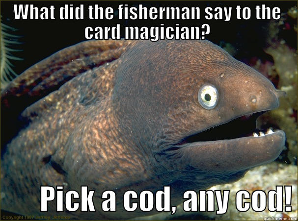 WHAT DID THE FISHERMAN SAY TO THE CARD MAGICIAN?         PICK A COD, ANY COD! Bad Joke Eel