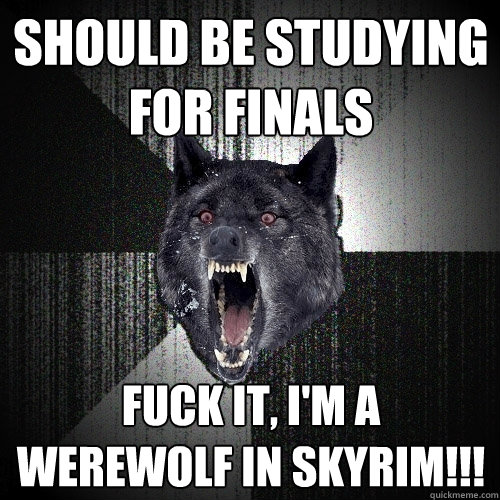 Should be studying for finals Fuck it, I'm a werewolf in SKYRIM!!!  Insanity Wolf