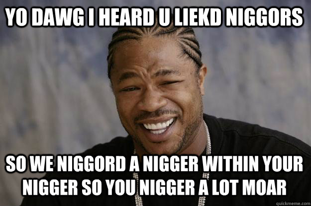 YO DAWG I HEARD U LIEKD NIGGORS SO WE NIGGORD A NIGGER WITHIN YOUR NIGGER SO YOU NIGGER A LOT MOAR  Xzibit meme