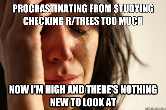 Procrastinating from studying checking r/trees too much Now I'm high and there's nothing new to look at  First World Problems