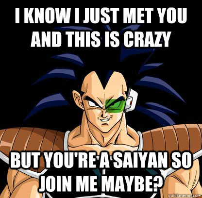 I know I just met you and this is crazy but you're a saiyan so join me maybe?  raditz