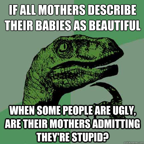 IF ALL MOTHERS DESCRIBE THEIR BABIES AS BEAUTIFUL WHEN SOME PEOPLE ARE UGLY, ARE THEIR MOTHERS ADMITTING THEY'RE STUPID?  Philosoraptor