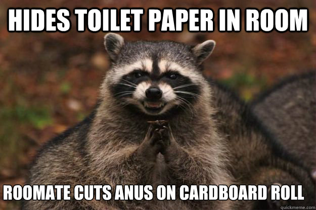 Hides toilet paper in room roomate cuts anus on cardboard roll - Hides toilet paper in room roomate cuts anus on cardboard roll  Evil Plotting Raccoon