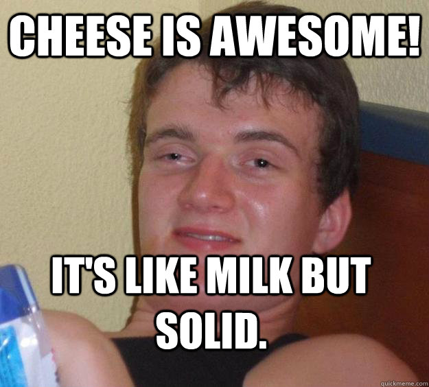 Cheese is Awesome! It's like Milk but solid.  10 Guy