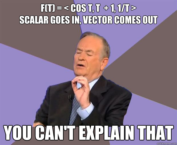 f(t) = < cos t, t  + 1, 1/t >
Scalar goes in, vector comes out you can't explain that  Bill O Reilly