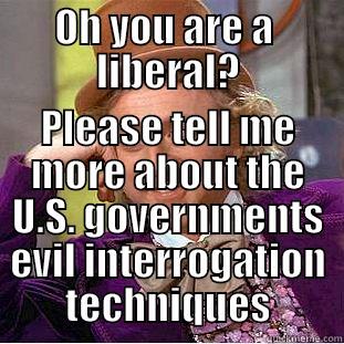 OH YOU ARE A  LIBERAL? PLEASE TELL ME MORE ABOUT THE U.S. GOVERNMENTS EVIL INTERROGATION TECHNIQUES Condescending Wonka