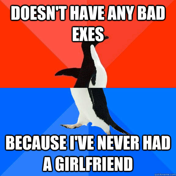 Doesn't have any bad exes Because i've never had a girlfriend  