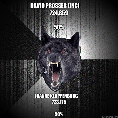 David Prosser (inc)	
724,859

50% Joanne Kloppenburg	
723,175

50%  Insanity Wolf