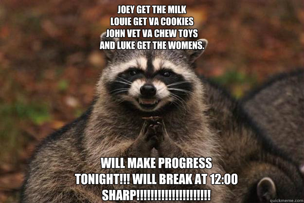 Joey get the milk
Louie get va cookies
john vet va chew toys
and luke get the womens. will make progress
TONIGHT!!! will break at 12:00
SHARP!!!!!!!!!!!!!!!!!!!!!  Evil Plotting Raccoon