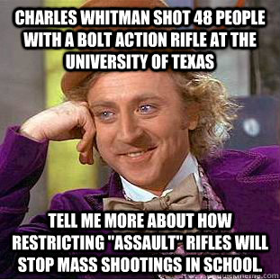 Charles Whitman shot 48 people with a bolt action rifle at the University of Texas Tell me more about how restricting 